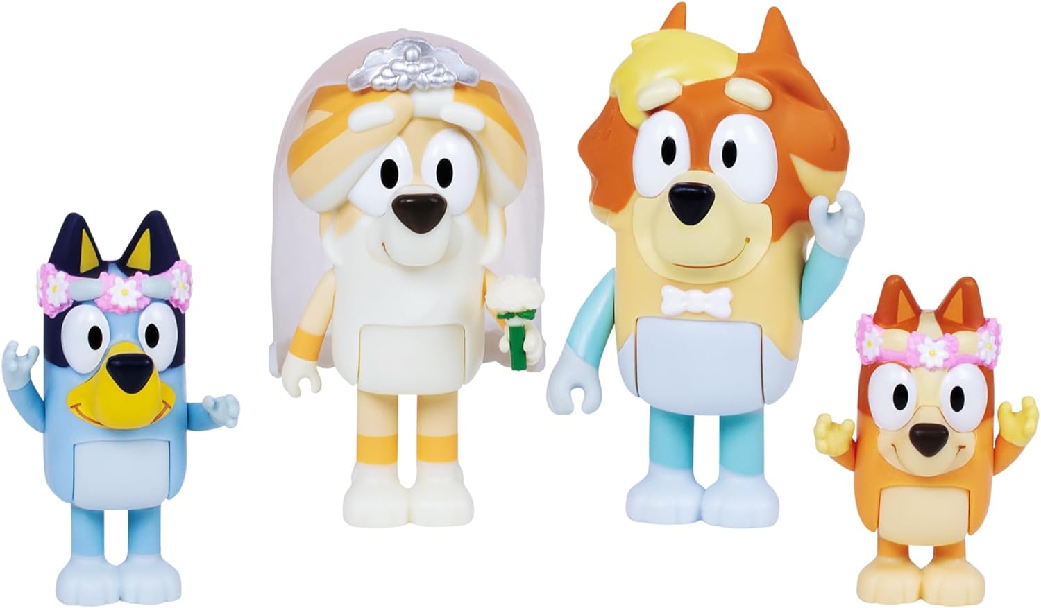 BLUEY Figure 4-Pack Wedding Time, Re-Enact Uncle Rad and Frisky's Wedding Day and Bingo Flower Girl Figures